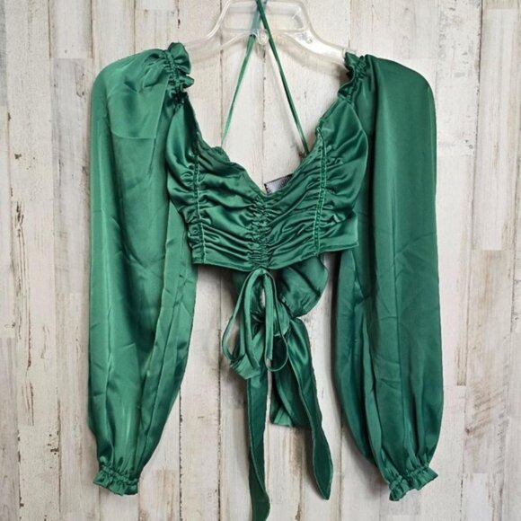 URBAN OUTFITTERS Caroleena Ruched Puff Sleeve Tie Back Blouse Crop Top Shirt - Picture 6 of 10